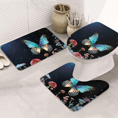 BTCOWZRV Bathroom Rug Set 3 Piece Super Soft Absorbent Bath Mats Non-Slip Fying Butterfly Bath Rug U-Shaped Contour Toilet Rug Washable Toilet Lid Cover for Bathroom Floor Tub and Shower