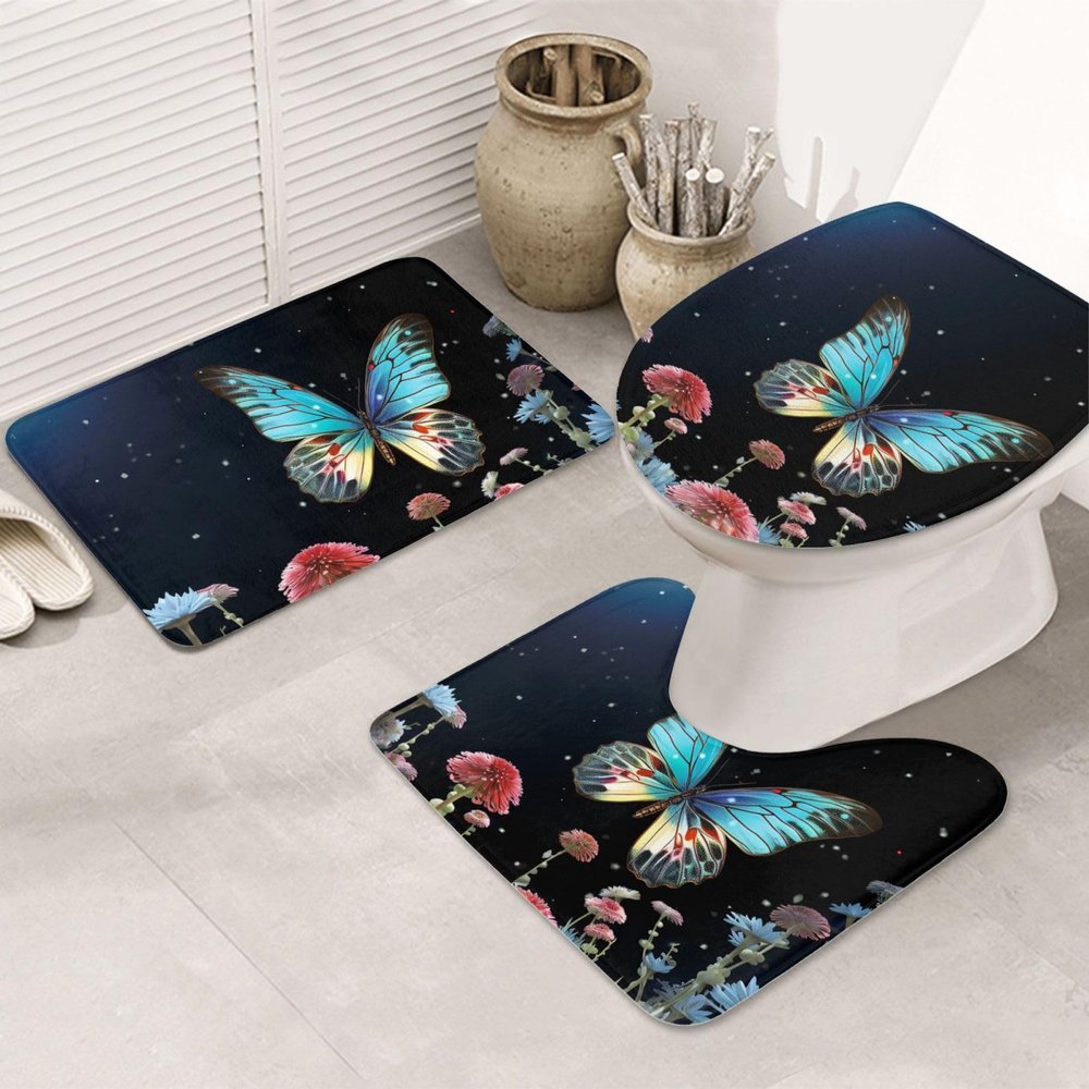 BTCOWZRV Bathroom Rug Set 3 Piece Super Soft Absorbent Bath Mats Non-Slip Fying Butterfly Bath Rug U-Shaped Contour Toilet Rug Washable Toilet Lid Cover for Bathroom Floor Tub and Shower