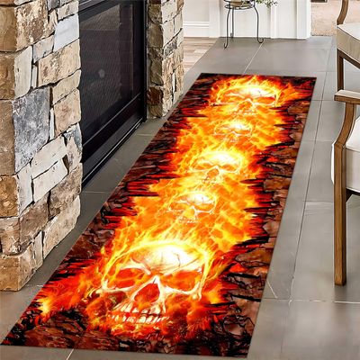3D Optical Illusion Flame Runner Rug, Modern Gothic Skull Abstract Lava 3.3x7ft Kitchen Rug