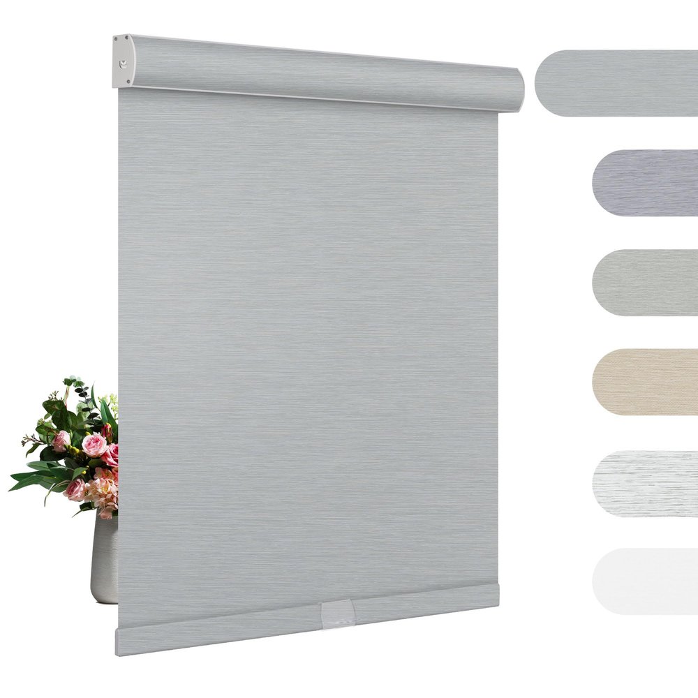 BERISSA Blackout Roller Shades for Windows Cordless Roller Blinds with Cassette Valance Jacquard Insulated Fabric for French Doors Bedrooms Living Rooms.Silver Gray.29 W x 68" H