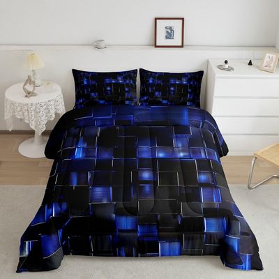 Erosebridal Black Navy Blue Comforter Set Modern Geometric Bedding Comforter Sets Gradient Neon Cubes Queen Quilt Set Boys,Abstract Square Grid Duvet Insert Geometric Lattice Wall Brick Decor