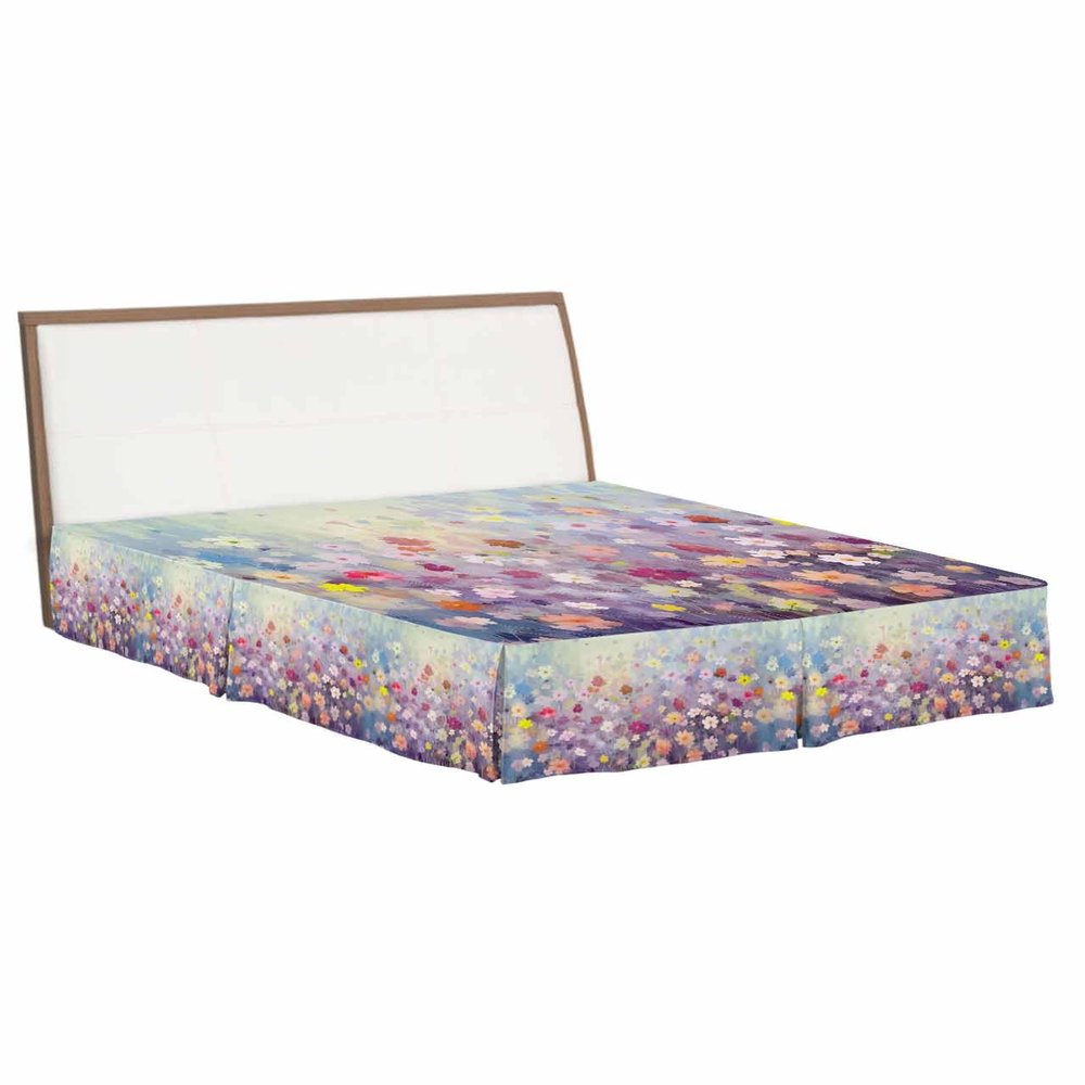 Blue Spring Floral Bed Skirt California King 18 Inch Drop with Split Corners, Dust Ruffled Pleated Bed Skirts Wrap Around Tailored Bed Skirt Valance for Bedroom Summer Daisy Botanical Oil Painting