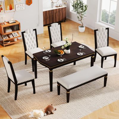 6-Piece Farmhouse Dining Table Set, Rectangular Kitchen Table Set with 4 High-Back Tufted Chairs & 1 Bench Dining Room Table Set for 6 People Ideal for Kitchen, Dinning Room and Bar Table, Espresso