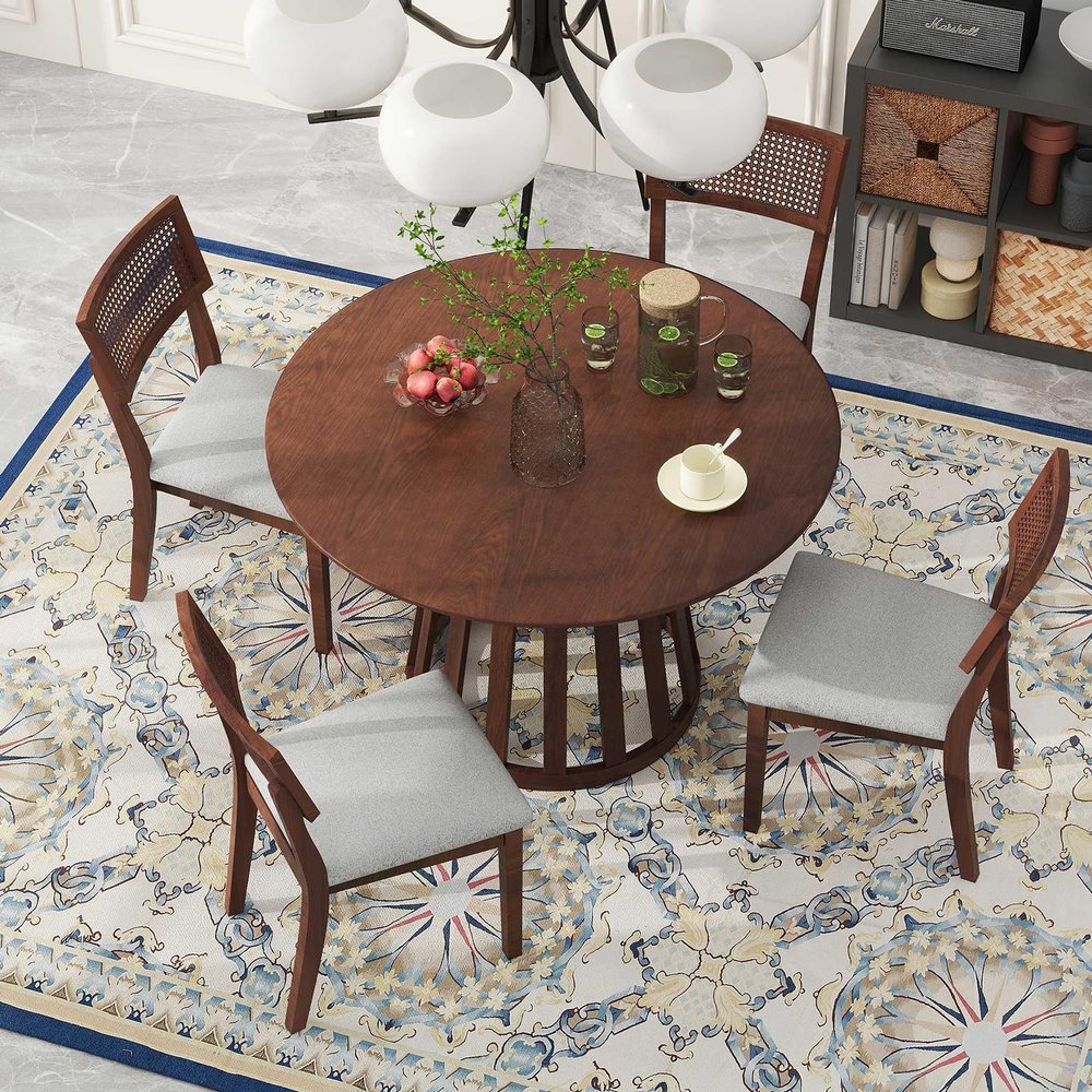 5-Piece Round Dining Table Set for 4, Retro Kitchen Table and Chairs Set Wood Dining Room Table Set with 4 Upholstered Chairs with Rattan Backrests for Kitchen Living Room, Walnut