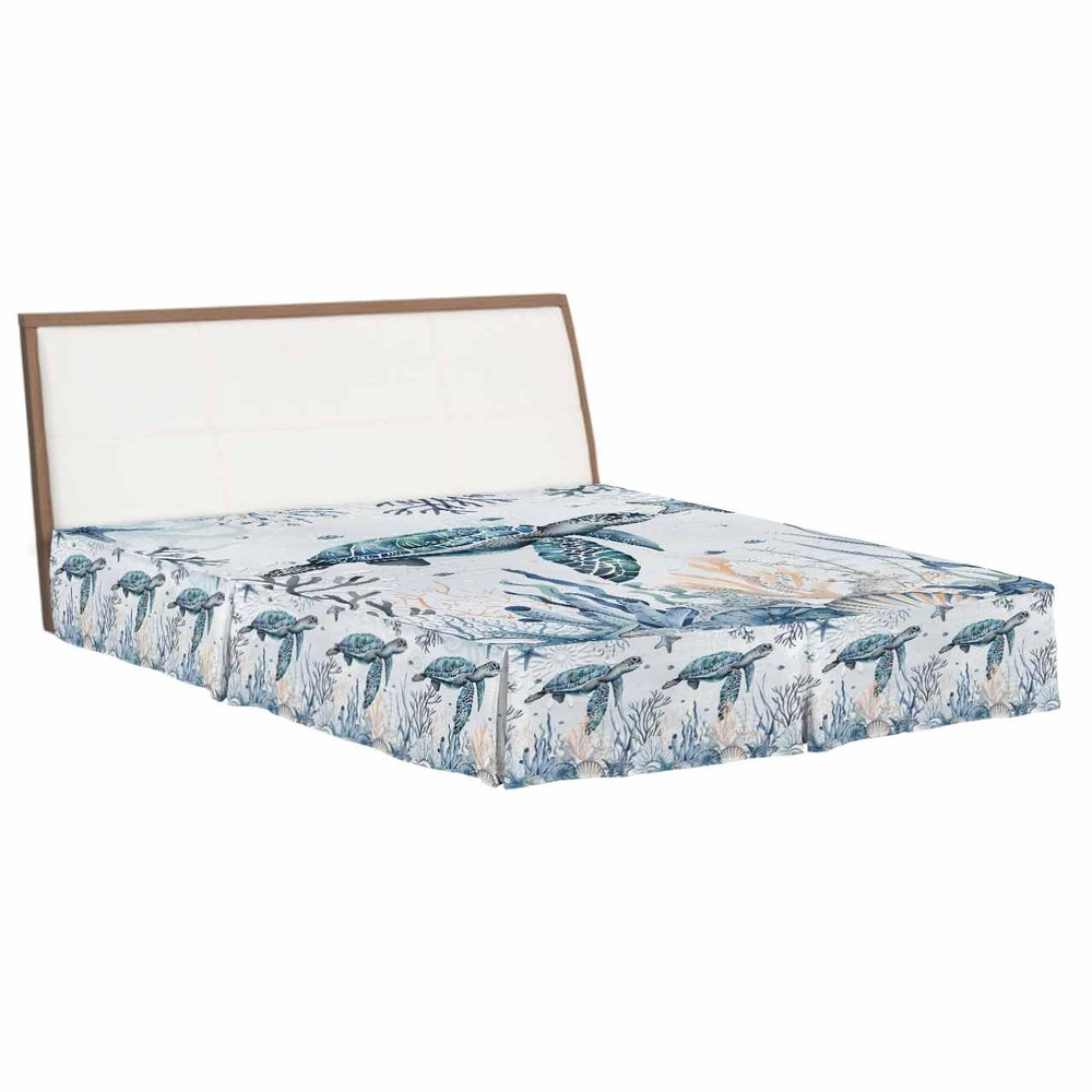 Blue Sea Turtle Bed Skirt Queen Size 16 Inch Drop with Split Corners, Dust Ruffled Pleated Bed Skirts Wrap Around Tailored Bed Skirt Valance for Bedroom Coastal Ocean Beach Coral Nautical