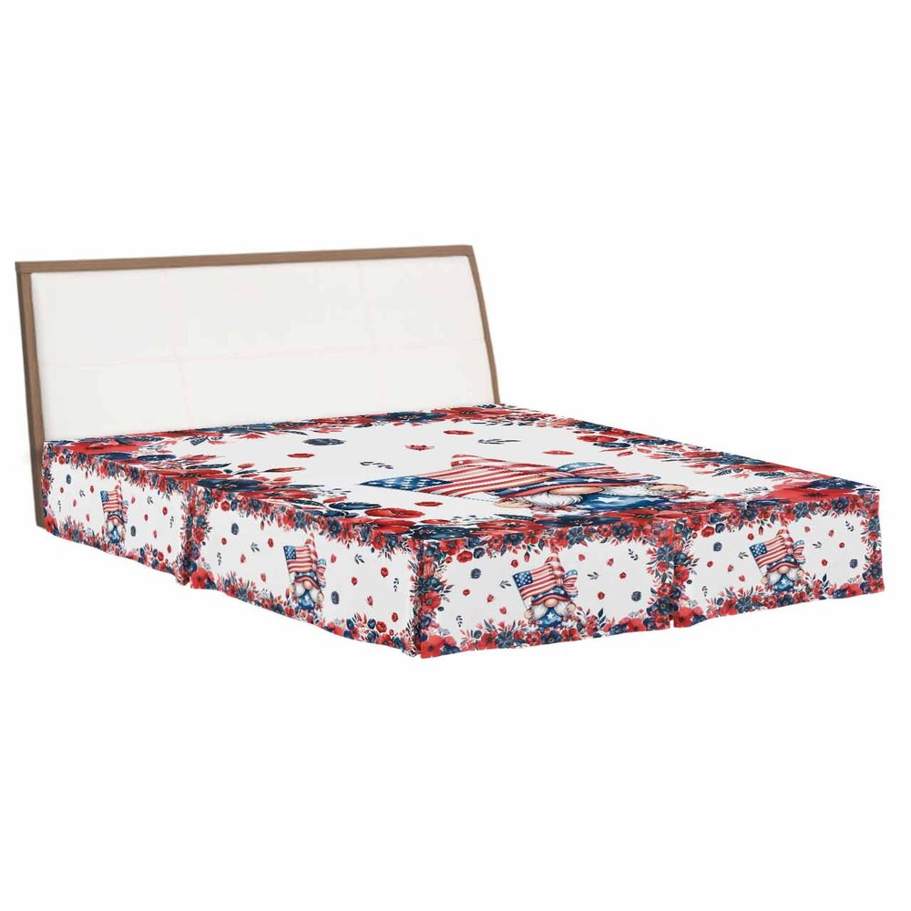 4th of July Gnomes Bed Skirt King Size 18 Inch Drop with Split Corners, Dust Ruffled Pleated Bed Skirts Wrap Around Tailored Bed Skirt Valance for Bedroom Blue Red Floral Independence Day