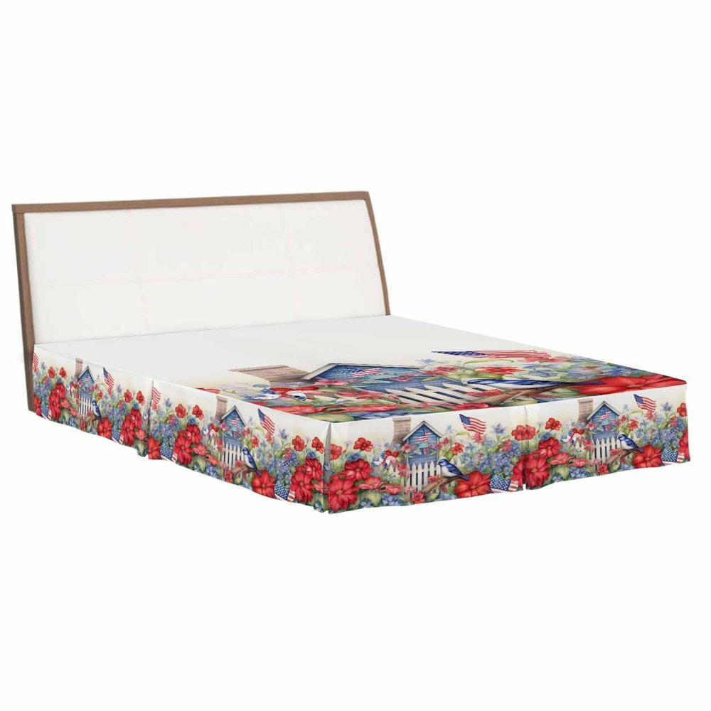 4th of July Bed Skirt Queen Size 16 Inch Drop with Split Corners, Dust Ruffled Pleated Bed Skirts Wrap Around Tailored Bed Skirt Valance for Bedroom Independence Day Floral Birds American Flag