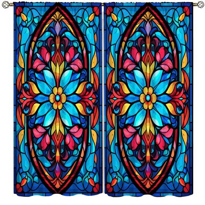 AAVEUP Stained Flower Glass Blackout Curtain for Bedroom,Abstract Sky Blue Medieval Church Glass Mural Symmetry Art Floral Plant Patterns Window Drapes Print for Boys Girls Room Living Room 52x96in