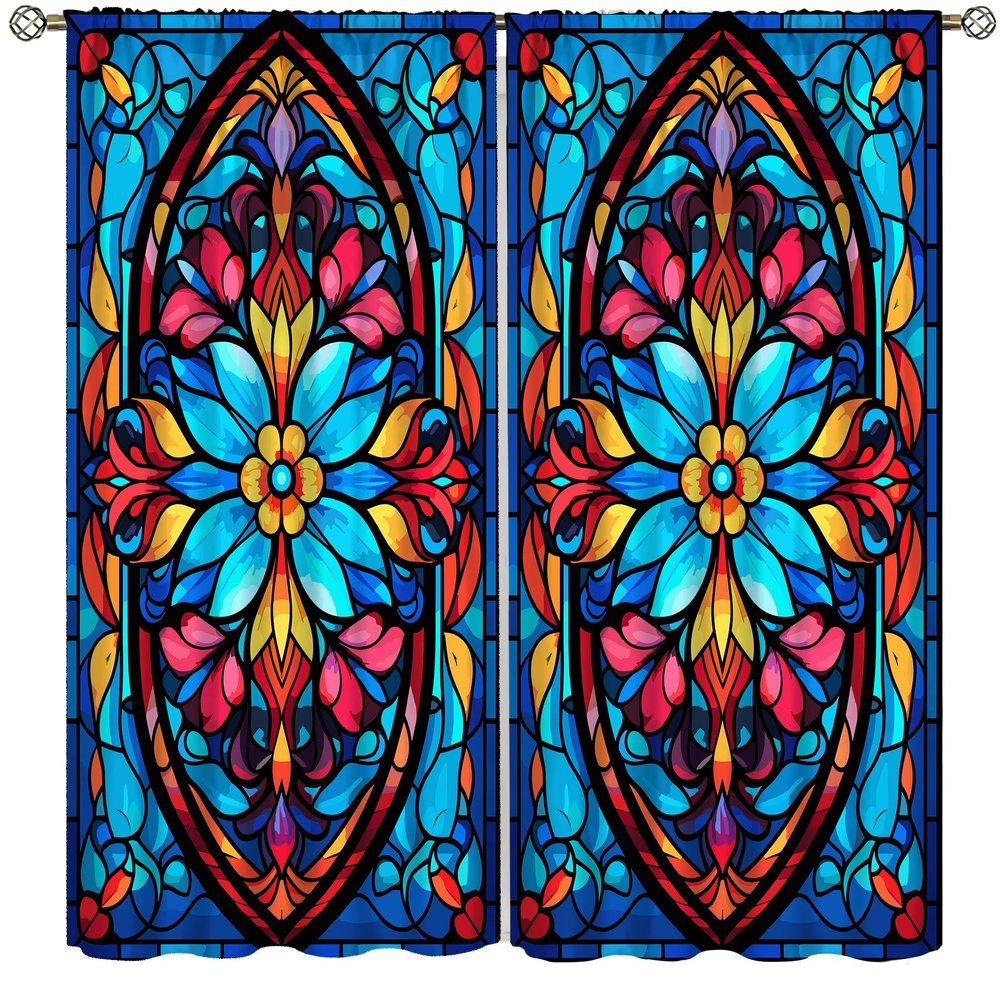 AAVEUP Stained Flower Glass Blackout Curtain for Bedroom,Abstract Sky Blue Medieval Church Glass Mural Symmetry Art Floral Plant Patterns Window Drapes Print for Boys Girls Room Living Room 52x96in