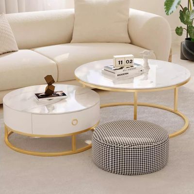 28IN Nesting Coffee Tables Set of 3 - Round Tables with Houndstooth Stool, Gold Frame & Free Telescopic Design | Nesting Tables with Drawer for Living Room