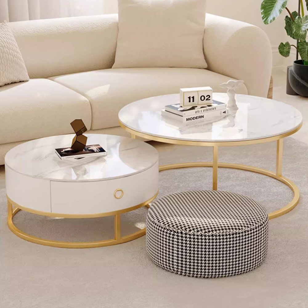 28IN Nesting Coffee Tables Set of 3 - Round Tables with Houndstooth Stool, Gold Frame & Free Telescopic Design | Nesting Tables with Drawer for Living Room