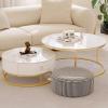 28IN Nesting Coffee Tables Set of 3 - Round Tables with Houndstooth Stool, Gold Frame & Free Telescopic Design | Nesting Tables with Drawer for Living Room view 1