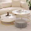 28IN Nesting Coffee Tables Set of 3 - Round Tables with Houndstooth Stool, Gold Frame & Free Telescopic Design | Nesting Tables with Drawer for Living Room view 2