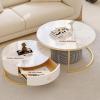 28IN Nesting Coffee Tables Set of 3 - Round Tables with Houndstooth Stool, Gold Frame & Free Telescopic Design | Nesting Tables with Drawer for Living Room view 4
