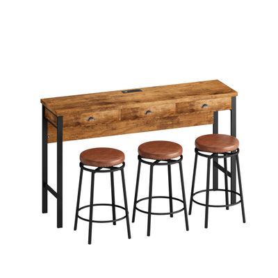 KIROJA 3 Drawer Bar Table and Chairs Set with Power Outlets, Pub Table Set with 3 Circular PU Stools, Bar Stools Kitchen Dining Table and Chairs Set for Home, Kitchen, Brown, 60.24''