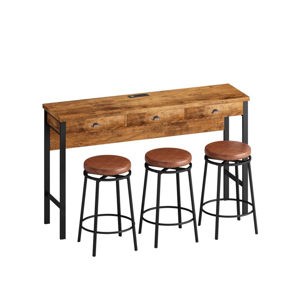 KIROJA 3 Drawer Bar Table and Chairs Set with Power Outlets, Pub Table Set with 3 Circular PU Stools, Bar Stools Kitchen Dining Table and Chairs Set for Home, Kitchen, Brown, 60.24''