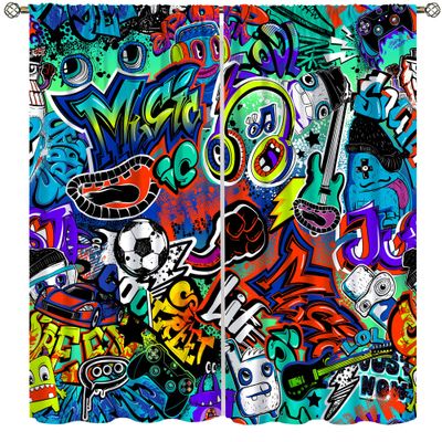 AAVEUP Graffiti Blackout Window Curtains, Wall Skateboard Guitar Blue Abstract Art Graffiti Pattern Decoration Insulated Rod Pocket Curtains for Kids Boys Bedroom Living Room Bathroom 52x84in