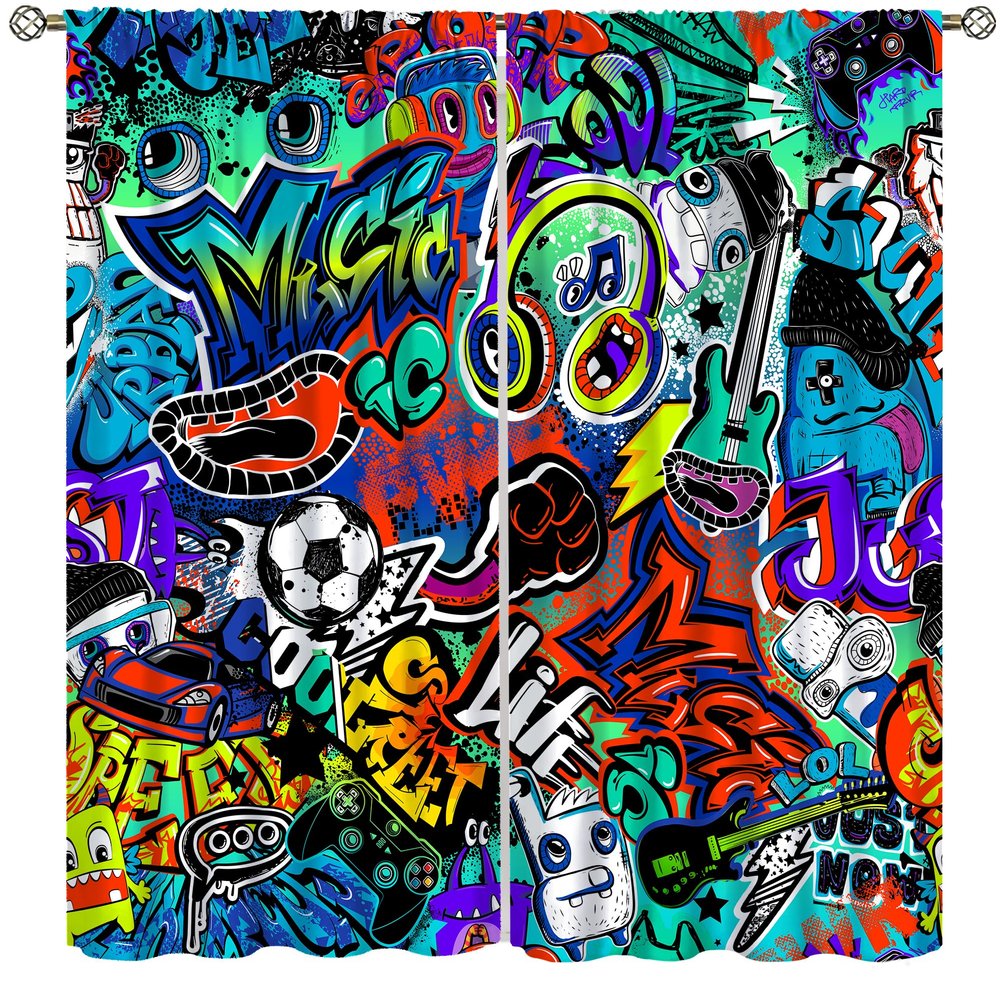 AAVEUP Graffiti Blackout Window Curtains, Wall Skateboard Guitar Blue Abstract Art Graffiti Pattern Decoration Insulated Rod Pocket Curtains for Kids Boys Bedroom Living Room Bathroom 52x84in