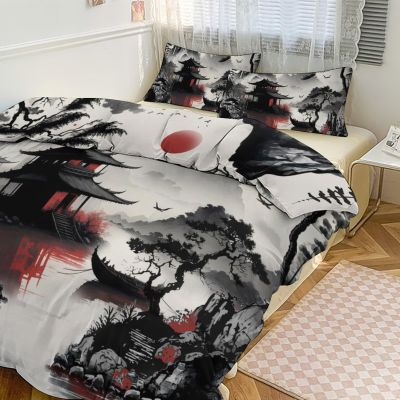 GDSCCLGX Watercolor Japanese Nature Landscape Duvet Cover Twin Size Set,Vintage Ink Aesthetic Art Cabin Pine Tree Sunset Comforter Cover Sets (1 Duvet Cover&2 Pillowcases)