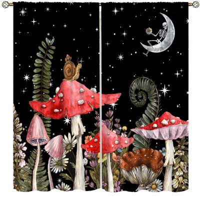 AAVEUP Mushroom Curtains, Vintage Boho Rustic Black Abstract Fantasy Forest Plant Leaf Flower Blackout Window Treatments, Thermally Insulated Drapes for Boys Girls Living Room Bedroom Kitchen 52x84in
