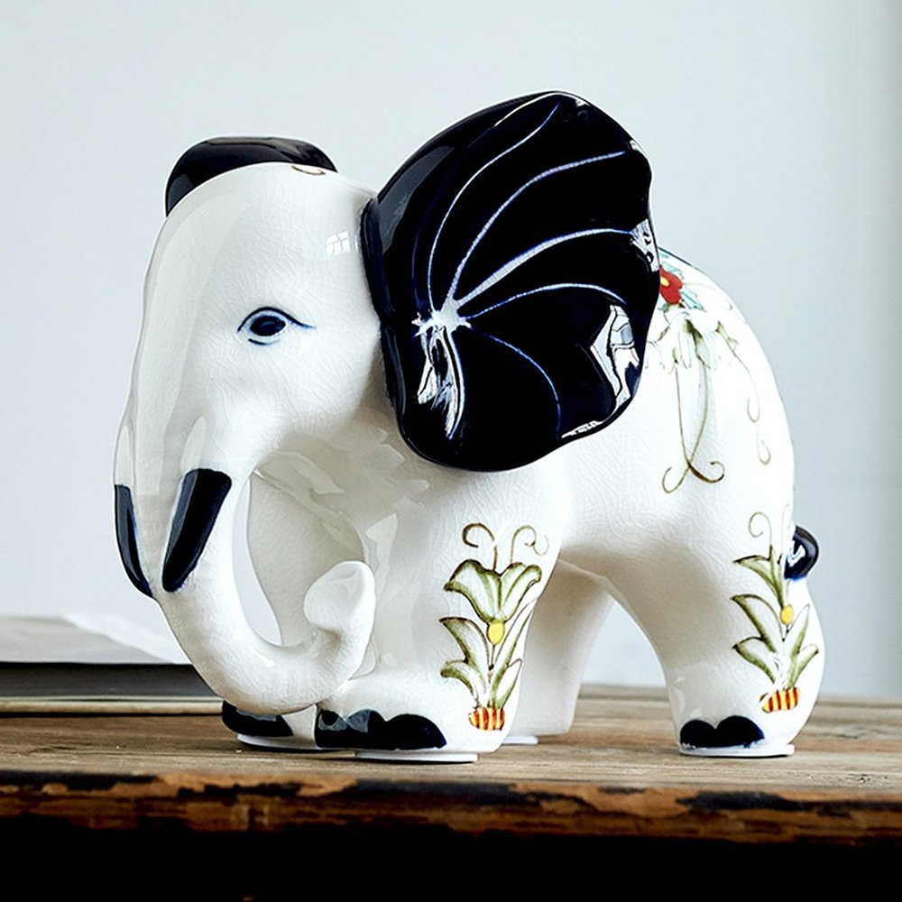 Porcelain Elephant Statue Ceramic White Table Sculpture, Desktop Art Figures Great Gift Animal Figurines Home Dcor, Crafts Decorations for Living Room Party Foyer (White-ElephantNoseDown)