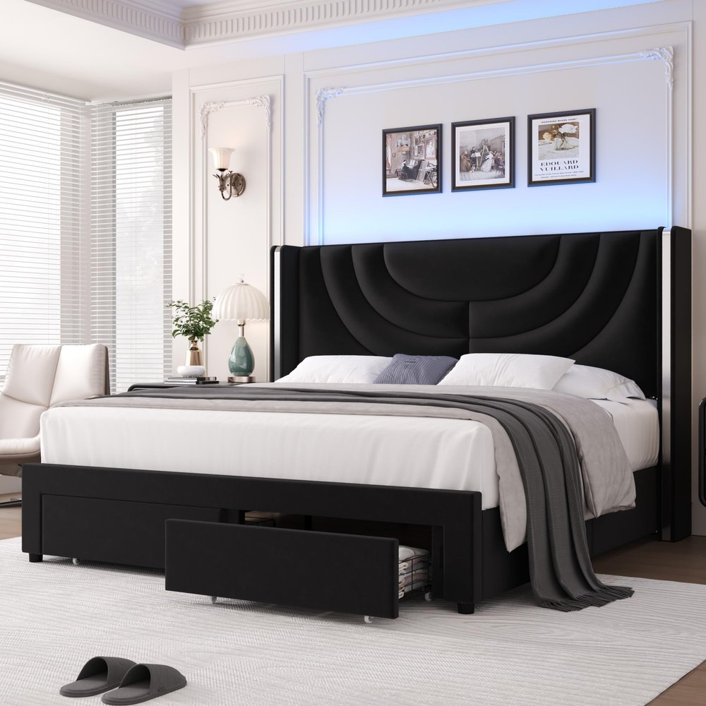 HITHOS Queen Upholstered LED Bed Frame with 2 Storage Drawers, Velvet Platform Bed with Wingback Headboard, Solid Wooden Slats Support, No Box Spring Needed, Headboard Splicing Design, Black