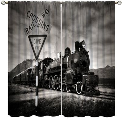 AAVEUP Vintage Train Blackout Curtains, Old Country Railroad Black Steam Train Track Crossing Windows Treatments, Thermal Insulated Drapes for Kids Boys Juvenile Living Room Bedroom Bathroom 52x96in