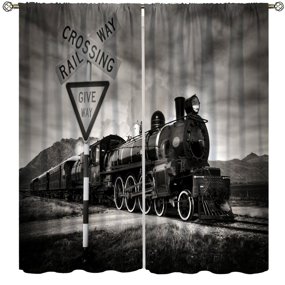AAVEUP Vintage Train Blackout Curtains, Old Country Railroad Black Steam Train Track Crossing Windows Treatments, Thermal Insulated Drapes for Kids Boys Juvenile Living Room Bedroom Bathroom 52x96in