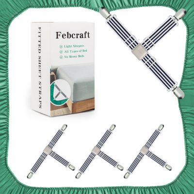 Febcraft Bed Sheet Straps-4 Pcs Adjustable Fitted Sheet Straps with Sewing Leather Quiet and Non Slip Bed Sheet Clips,Elastic Sheet Suspenders for King Queen Bed Suqare Round(Black)
