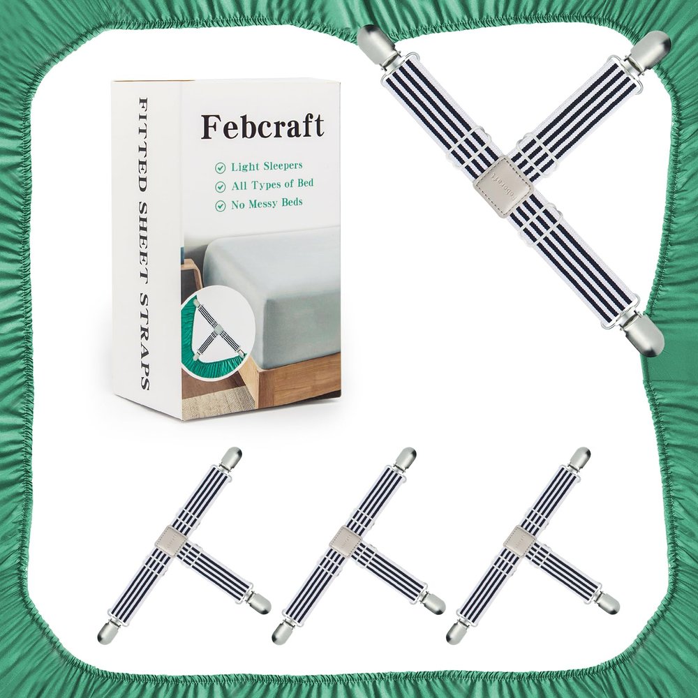 Febcraft Bed Sheet Straps-4 Pcs Adjustable Fitted Sheet Straps with Sewing Leather Quiet and Non Slip Bed Sheet Clips,Elastic Sheet Suspenders for King Queen Bed Suqare Round(Black)