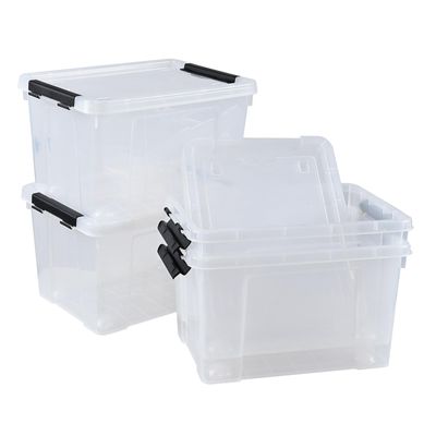 Morcte 23 L Plastic Clear Storage Bin with Lids and Latching Buckles, 4-Pack Stackable Clear Storage Box with Wheels