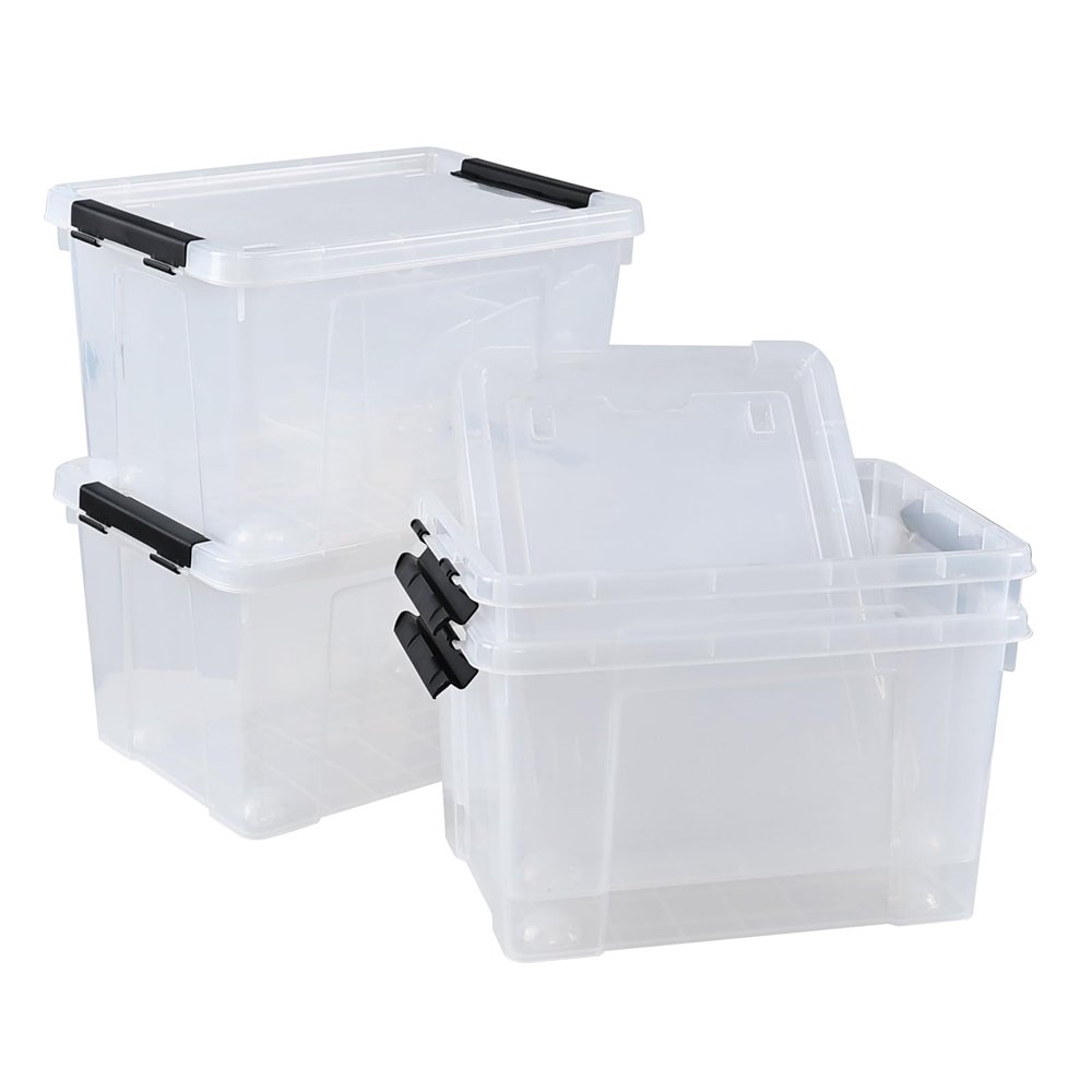 Morcte 23 L Plastic Clear Storage Bin with Lids and Latching Buckles, 4-Pack Stackable Clear Storage Box with Wheels