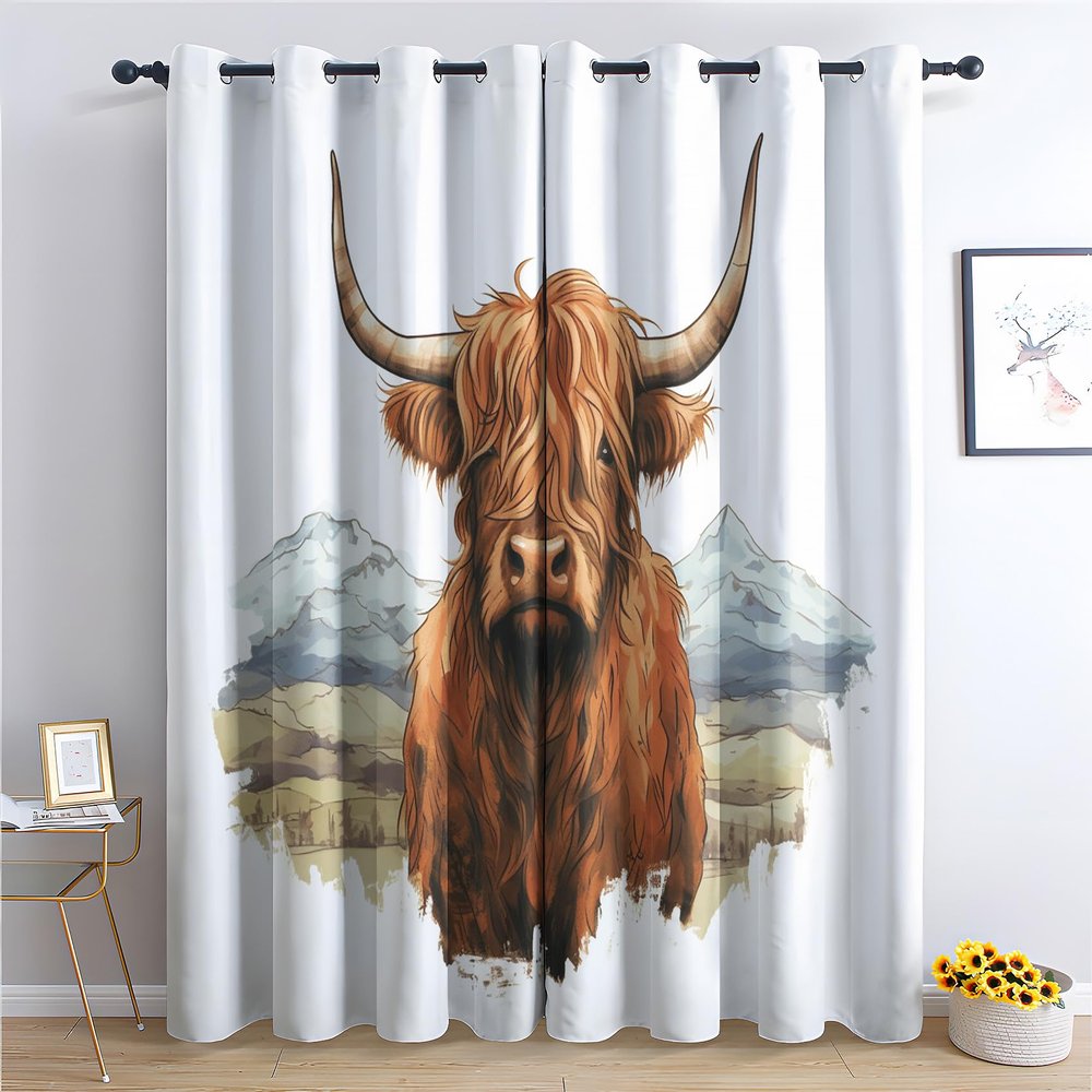 Abstract Yak Curtains, Cattle White Mountain Blackout Curtains for Bedroom, Thermal Insulated Room Darkening Grommet Drapes for Living Room, Window Treatments, 72 Inch Curtains 2 Panel Set - QY216