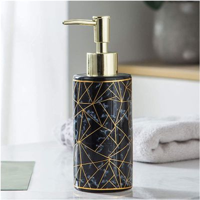 GRDDBZA Art Soap Dispenser for Bathroom Kitchen Hotel, Ceramic Soap Dispenser, Durable Liquid Bottle for Bathroom and Kitchen Countertops, with Golden Surface Nozzle 300ml/10oz (Color : Black)