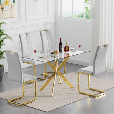 Henf 5 Piece Dining Table Set for 4, 51in Rectangle Dining Table and 4 Pcs Gray PU Dining Chairs Set, Glass Dining Room Table w/Metal Legs, Golden Kitchen Table and Chair Set for 4