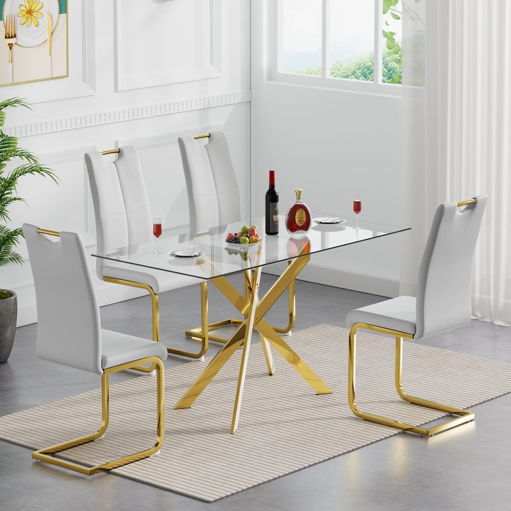 Henf 5 Piece Dining Table Set for 4, 51in Rectangle Dining Table and 4 Pcs Gray PU Dining Chairs Set, Glass Dining Room Table w/Metal Legs, Golden Kitchen Table and Chair Set for 4