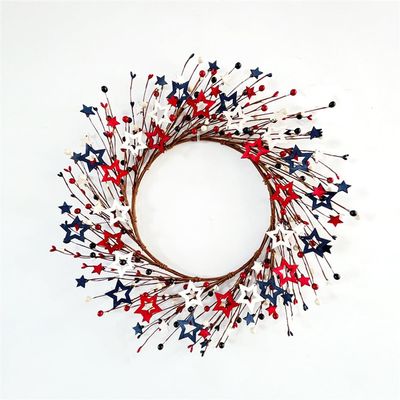 20 Inch Patriotic Red White Blue Berries Wreath for Front Door, Memorial Day Wooden Star Wreath for Home Decor, Independence Day Forth of July Wreath for Indoor and Outdoor (Multicolor)