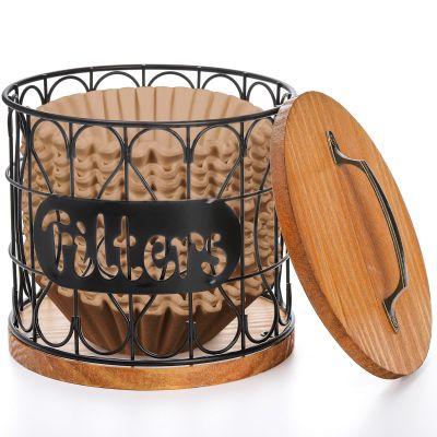 Frcctre Coffee Filter Holder with Lid, Rustic Large Capacity K Cup Holder Coffee Pod Dispenser Storage Canister Organizer Basket, Coffee Bar Accessories Decor
