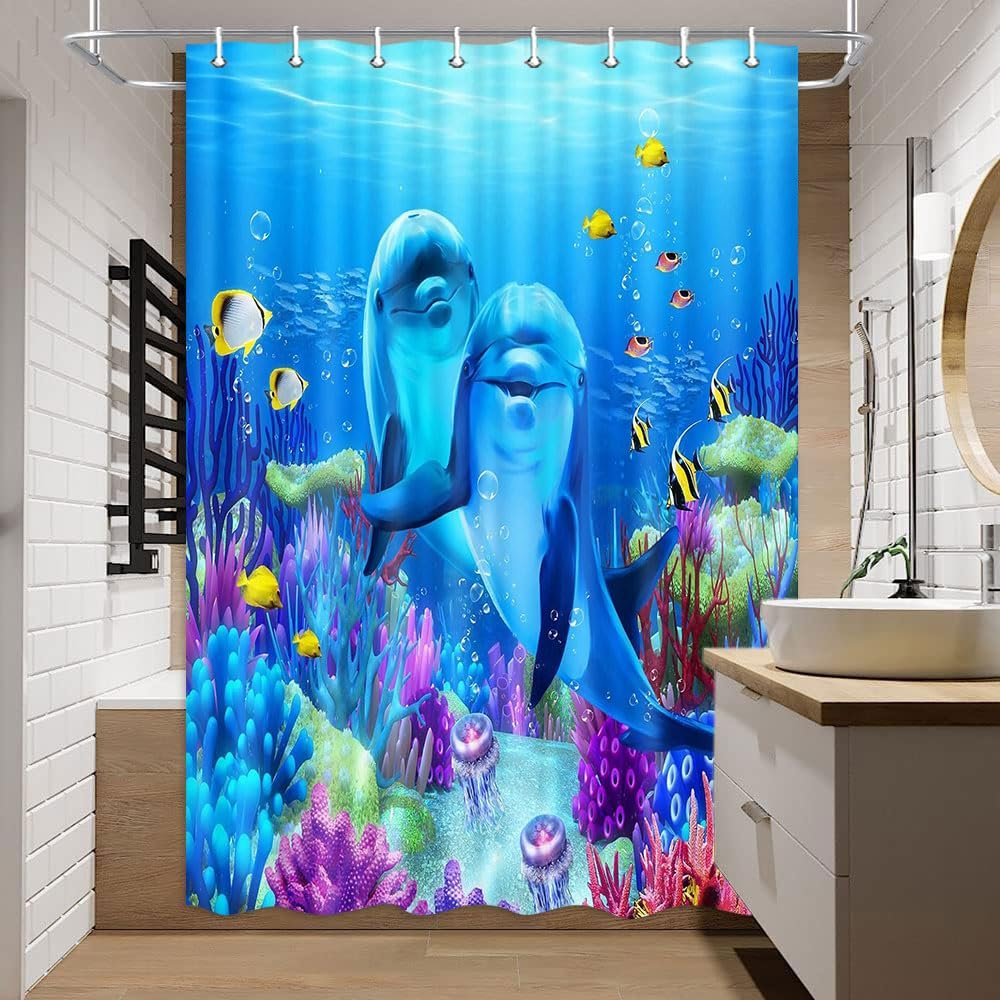 Jipusai Funny Dolphin Shower Curtain Sets, Under The Sea Fish Coral Jellyfish Decor Curtains for Bathroom, Waterproof Polyester Blue Sea World Bath Curtains with Hooks,54X70IN