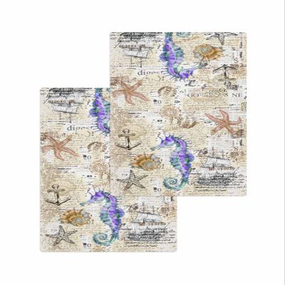 Blue Purple Seahorse Hand Towels Set,Waffle Weave Kitchen Towels 2 Pieces,Microfiber Hair Face Bath Tea Towel Absorbent Drying Cleaning Dish Cloths,Nautical Boat Coastal Starfish Shell 15.7"x23.6"