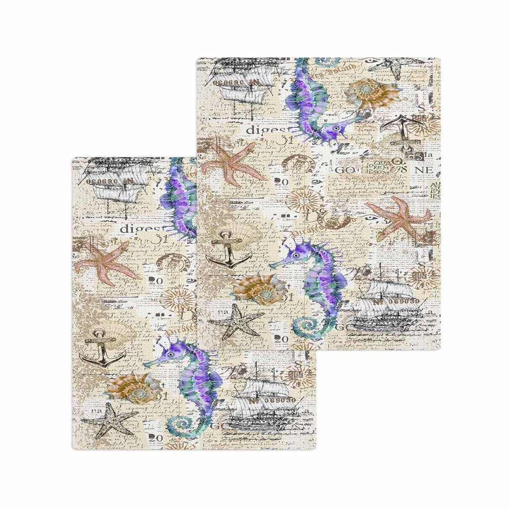 Blue Purple Seahorse Hand Towels Set,Waffle Weave Kitchen Towels 2 Pieces,Microfiber Hair Face Bath Tea Towel Absorbent Drying Cleaning Dish Cloths,Nautical Boat Coastal Starfish Shell 15.7"x23.6"