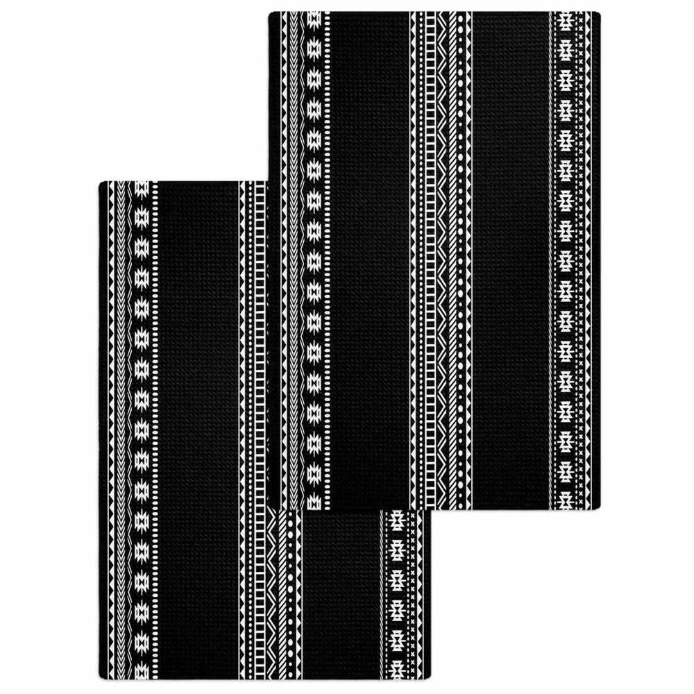 Boho Black Hand Towels Set,Waffle Weave Kitchen Towels 2 Pieces,Microfiber Hair Face Bath Tea Towel Absorbent Quick Drying Cleaning Dish Cloths,White Geometric Stripes Southwestern Bohemia 15.7"x23.6"