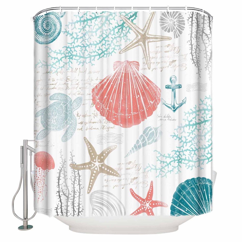 Coastal Coral Red Shower Curtain Set with Hook 72"x84",Washable Cloth Polyester Fabric Shower+Curtain,Waterproof Bath Curtains for Bathroom,Showers,Bathtubs Nautical Ocean Turtle Teal Starfish Conch