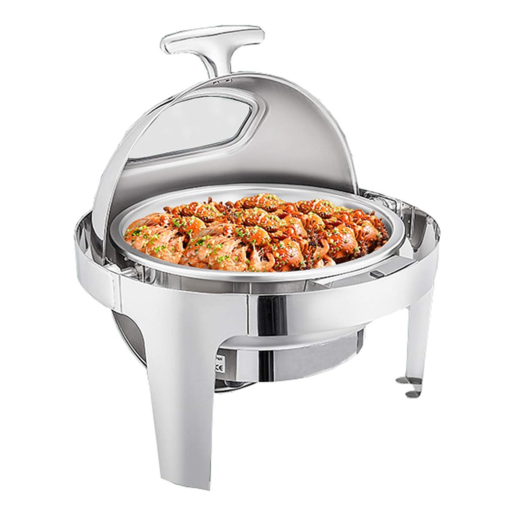 FAFACAI Hot Pot with Visible Window, Stainless Steel Roll Top Round Buffet Warmer Set with Food Tray, Water Tray and Oil Rack (Silver, 6.8 Liter)