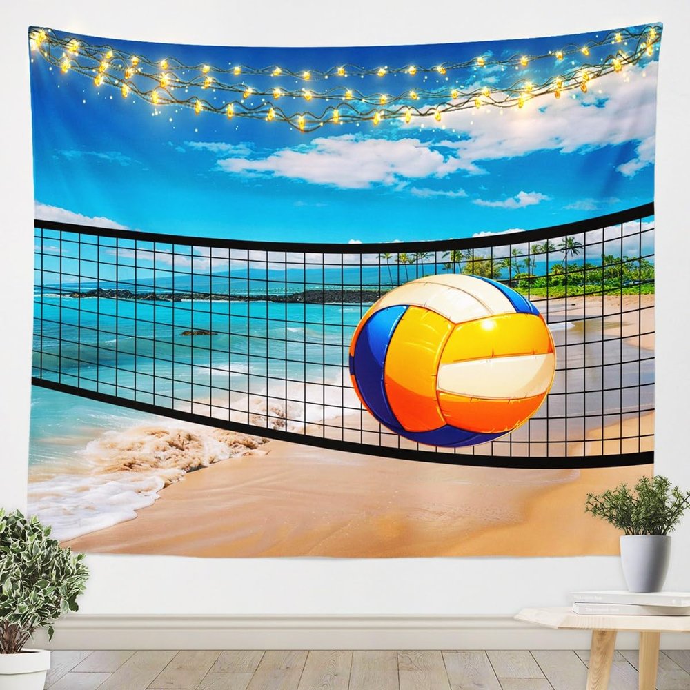 Volleyball Tapestry,Ball Sports Game Wall Blanket,Sea Beach Tropical Romantic Hawaii Style Wall Hanging Art for Kids Boys Girls Home Room Decor,Nature Sports Porch Hangings,51.2x59.1