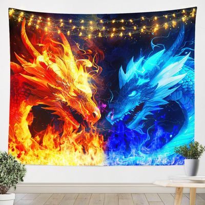 Ice Fire Dragon Tapestry,Wildlife Pattern Wall Hanging Art for Kids Boys Girls Home Room Decor,Blue and Gold Animal Wall Blanket,Cool Magical Microfiber Porch Hangings,70.9x92.5