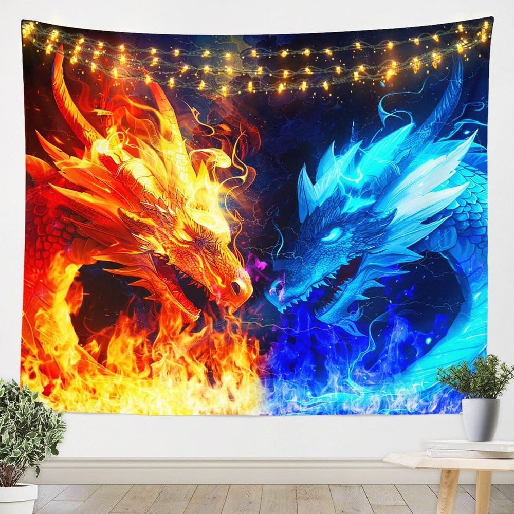 Ice Fire Dragon Tapestry,Wildlife Pattern Wall Hanging Art for Kids Boys Girls Home Room Decor,Blue and Gold Animal Wall Blanket,Cool Magical Microfiber Porch Hangings,70.9x92.5