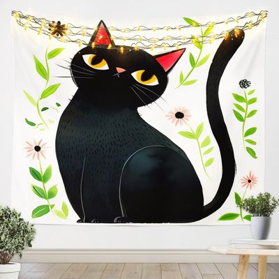 Cute Black Cat Tapestry,Daisy Leaves Wall Hanging Art for Kids Boys Girls Home Room Decor,White Natural Modern Microfiber Porch Hangings,Cartoon Wild Animals Wall Blanket,70.9x92.5