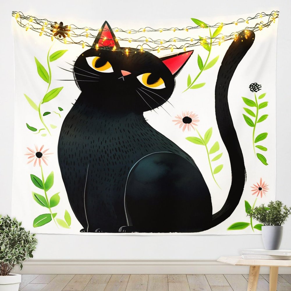 Cute Black Cat Tapestry,Daisy Leaves Wall Hanging Art for Kids Boys Girls Home Room Decor,White Natural Modern Microfiber Porch Hangings,Cartoon Wild Animals Wall Blanket,70.9x92.5
