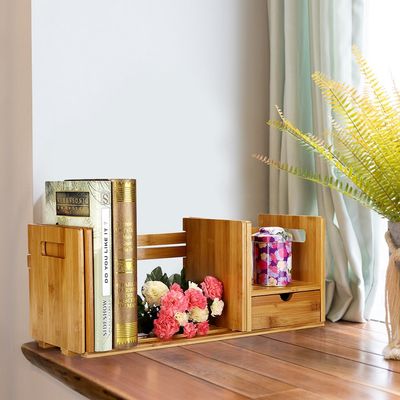 Wood Desktop Bookshelf with Drawer, Adjustable Shelf for Books, Magazines and Small Potted Plants